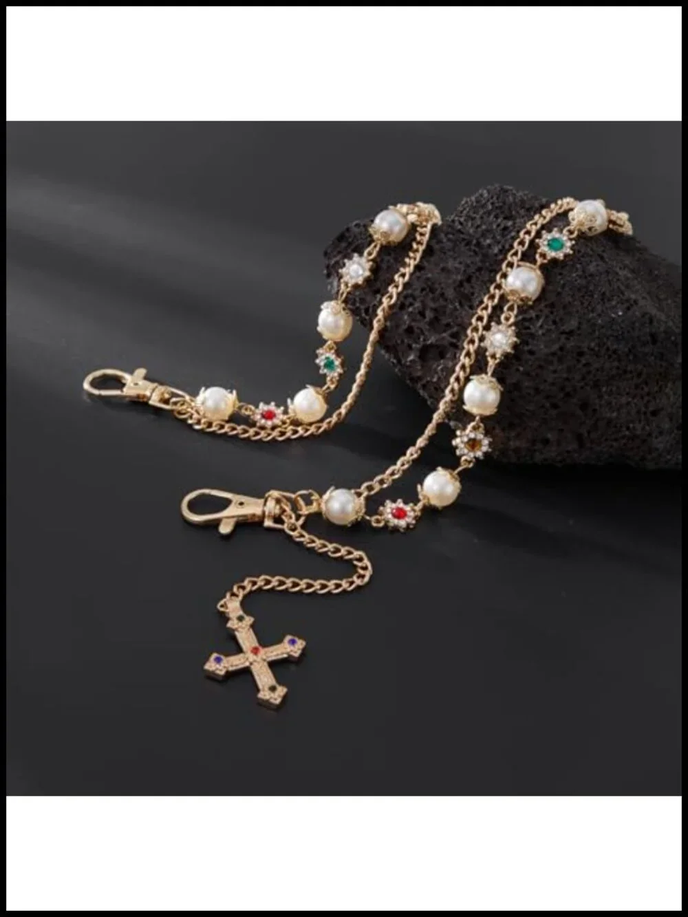 Layered Daisy Pearl Wallet Chain Keychain with Rhinestone Flower Heart Cross